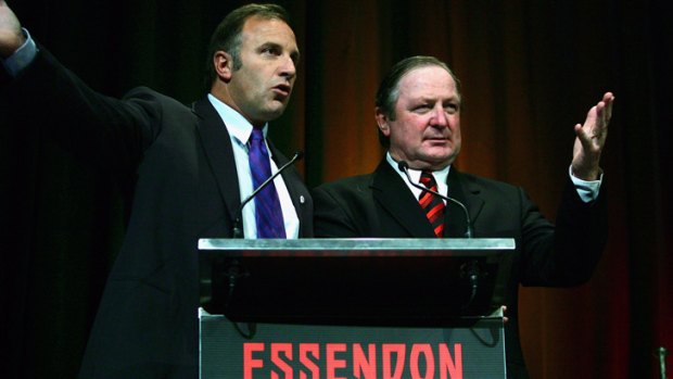 Essendon great Tim Watson, pictured left with former Bombers coach Kevin Sheedy, said he would be 'devastated' if his son Jobe was stripped of his Brownlow Medal as a result of the investigation.