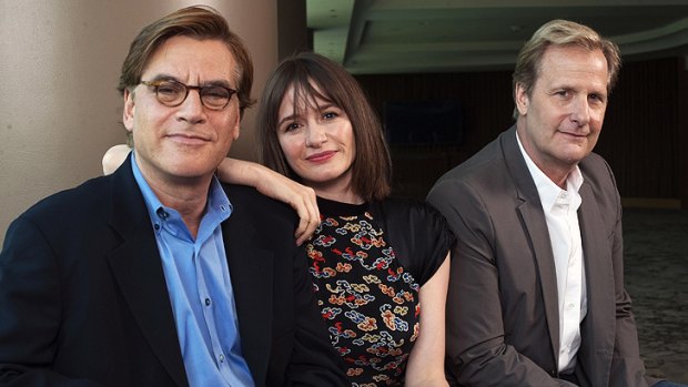 Aaron Sorkin with <i>Newsroom</i> cast members Emily Mortimer and Jeff Daniels.
