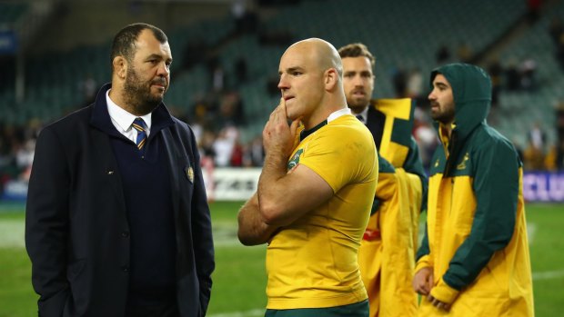 Plenty of time to think: Wallabies coach Michael Cheika and Stephen Moore in Sydney after the 3-0 series loss to England.