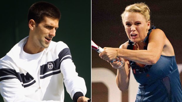 Surprise ... Novak Djokovic's pre-Wimbledon media conference was gatecrashed by Caroline Wozniacki.