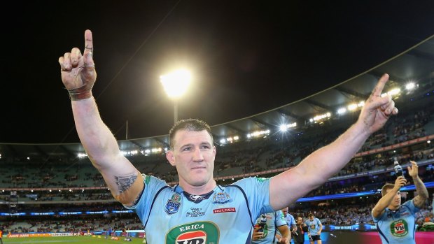 MELBOURNE, AUSTRALIA - JUNE 17: Paul Gallen of the Blues celebrates winning game two of the State of Origin series between the New South Wales Blues and the Queensland Maroons at the Melbourne Cricket Ground on June 17, 2015 in Melbourne, Australia.  (Photo by Quinn Rooney/Getty Images)