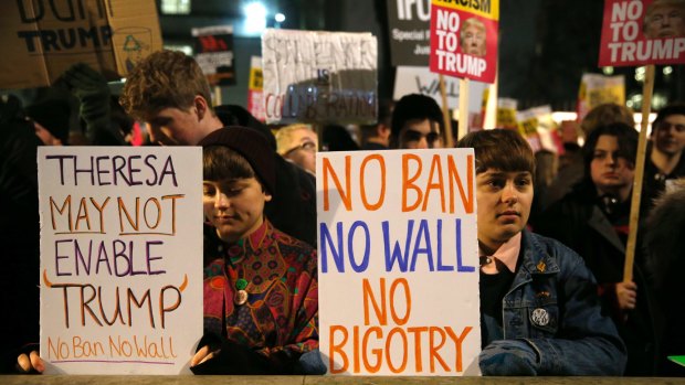 Demonstrators during a protest against Trump's controversial travel ban.