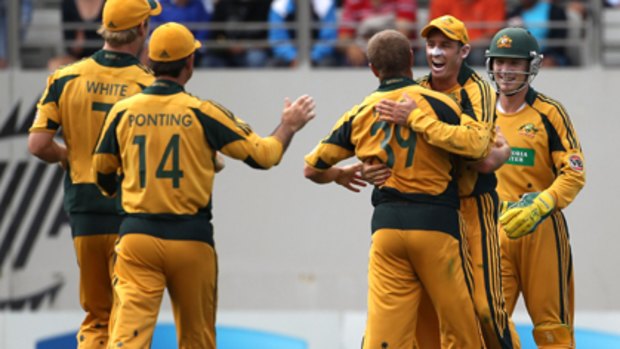 Australia celebrate the wicket of Ross Taylor.