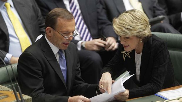 Here's the bit where we call Gillard untrustworthy &#8230; Tony Abbott takes orders from Julie Bishop, trashing government claims he has a problem with women.