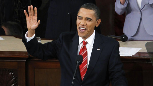 On his way ... US President Barack Obama delivering his recent State of the Union address.