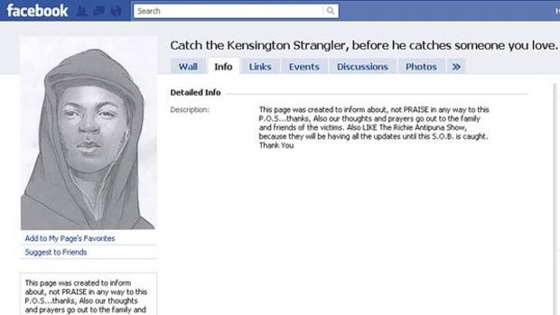 A Facebook page urging the capture of the Kensington Strangler.