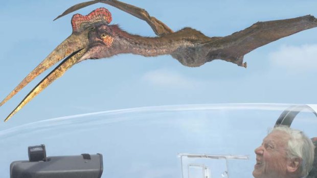 Imagination takes flight ... thanks to CGI, Sir David Attenborough flies with a Quetzalcoatlus.