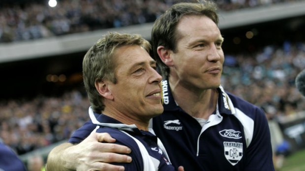 New Adelaide coach Brenton Sanderson (right) with then-Geelong coach Mark Thompson at the 2007 AFL grand final.