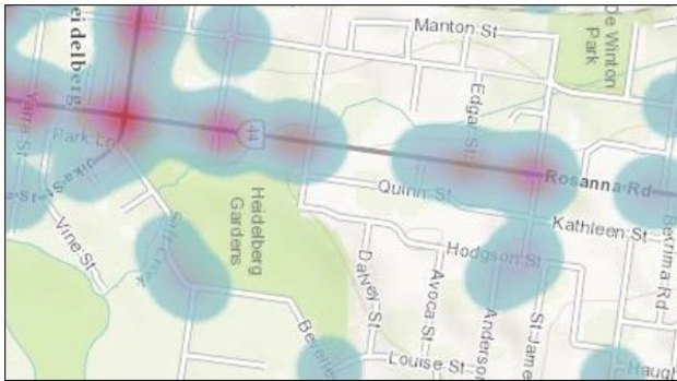 A heat map of Rosanna Road showing the location of the 75 crashes on the road in the past five years.