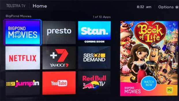 The Telstra TV home screen, offering easy access to movie rentals, subscription services and catch up TV. 