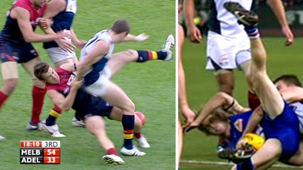 Jack Trengove's 'sling' tackles on Patrick Dangerfield in round seven (left) and on Bulldog Callan Ward (right).