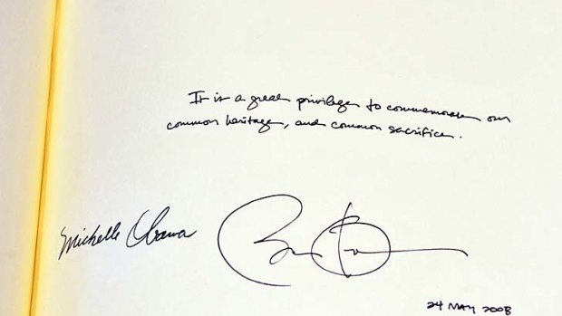 Wrong date ... the signatures of US President Barack Obama and his wife, Michelle Obama, in the distinguished visitors' book at Westminster Abbey.