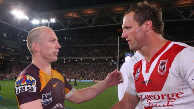 It's been fun mate ... retiring pair Darren Lockyer and Mark Gasnier have a chat after the Broncos ended the Dragons' season at Suncorp Stadium last night.