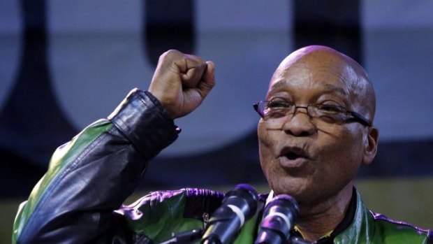 President Jacob Zuma addresses supporters at a victory rally of his ruling African National Congress.
