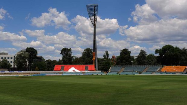 One of the six field lights went up at Manuka Oval on Thursday.