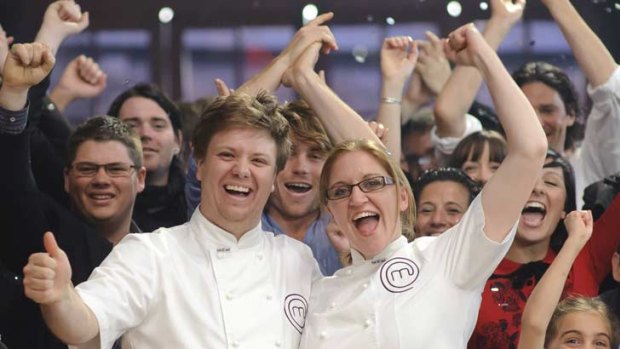 Michael Weldon and Kate Bracks celebrate after Bracks wins MasterChef 2011