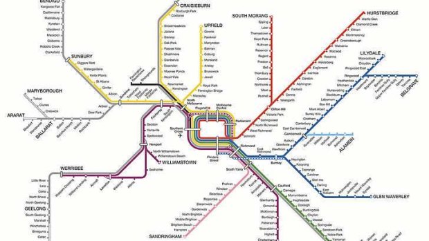 Part of the new PTV rail map, inspired by the London Underground's world-famous map.