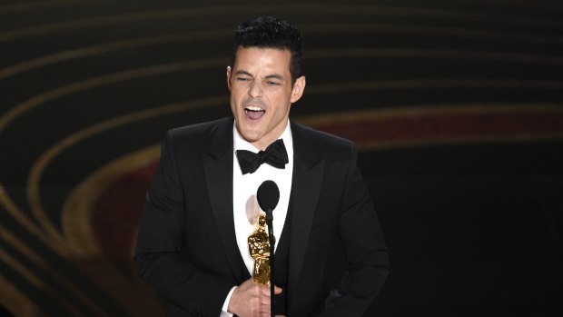 Rami Malek accepts his best actor Oscar for Bohemian Rhapsody. 