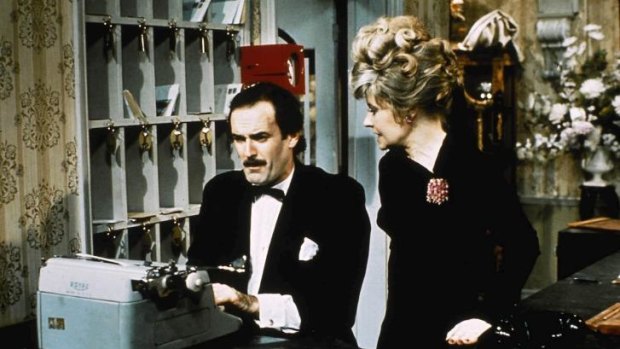 John Cleese and Prunella Scales in a scene from <i>Fawlty Towers</i>.