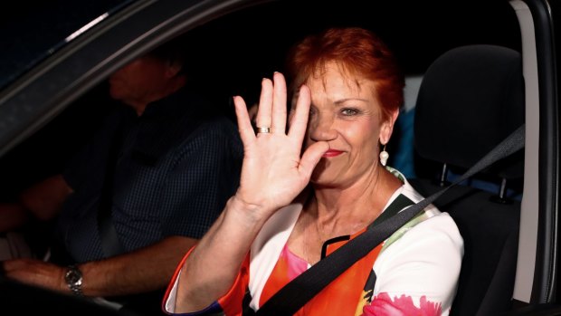 Pauline Hanson is driven away from the event.