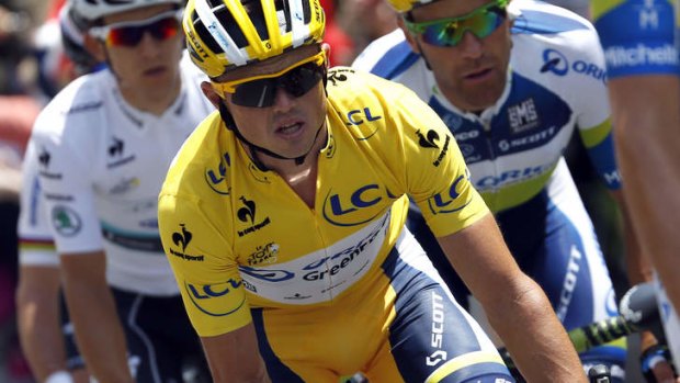 Australia's Simon Gerrans wears the yellow jersey during the 2013 Tour de France.