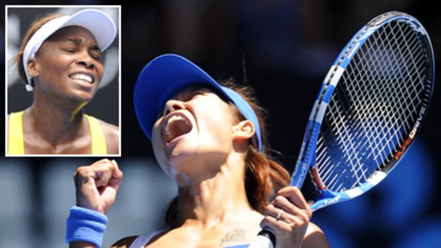 China's Li Na is elated after advancing; the defeated Venus Williams, top left, less so.