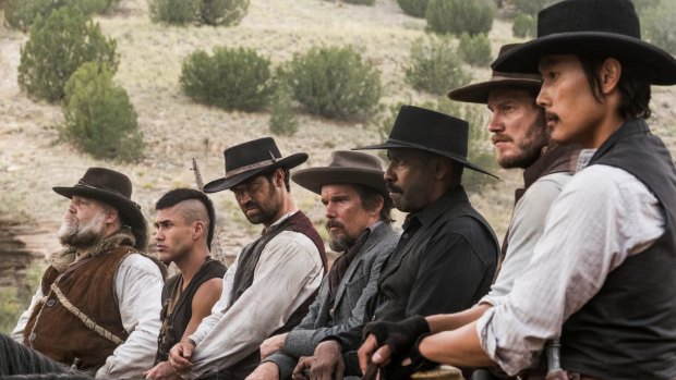 (l to r) Vincent D'Onofrio, Martin Sensmeier, Manuel Garcia-Rulfo, Ethan Hawke, Denzel Washington, Chris Pratt and Byung-hun Lee star in Metro-Goldwyn-Mayer Pictures and Columbia Pictures' THE MAGNIFICENT SEVEN. (From left) Vincent D'Onofrio, Martin Sensmeier, Manuel Garcia-Rulfo, Ethan Hawke, Denzel Washington, Chris Pratt and Byung-hun Lee in the film THE MAGNIFICENT SEVEN.