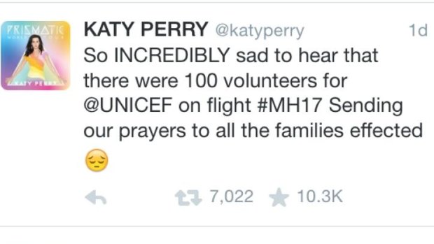 Katy Perry's confusing tweet in support of MH 17 victims. 