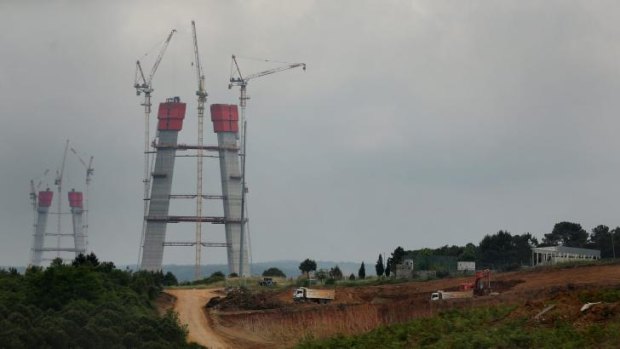 "Crazy project": The piers of what will be the Sultan Selim Bridge, a third bridge spanning the Bosphorus between Istanbul's European and Asian shores.