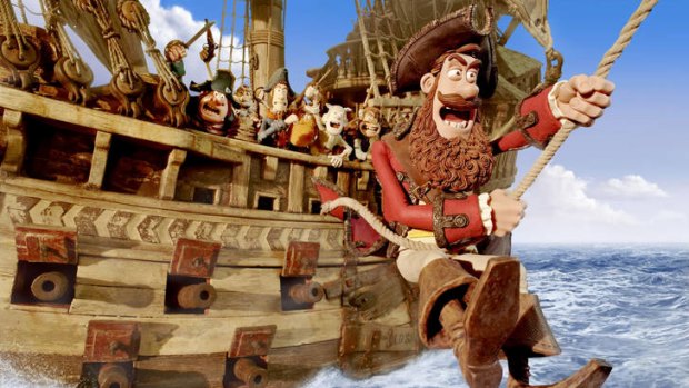 Pirate Captain (voiced by Hugh Grant, right) swings into adventure in THE PIRATES! BAND OF MISFITS, an animated film produced by Aardman Animation.
