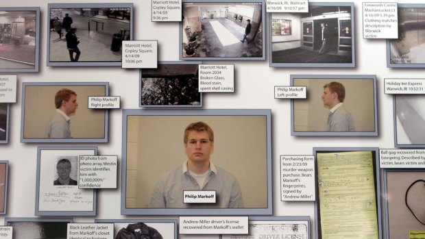 A bulletin board created by police officials shows mug shots of Philip Markoff.