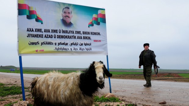 Banner featuring the image of jailed PKK leader Abdullah Ocalan. 