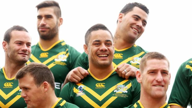 Footy's a funny game: Jarryd Hayne (centre) joins his Kangaroos teammates for a photo shoot.