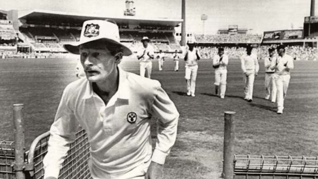 Peter Taylor is applauded after his auspicious debut in Sydney, 1987. He took 6/78.