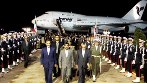 Welcome home...the Iranian president, Mahmoud Ahmedinejad, returns to Tehran from New York on Saturday.