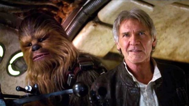 'Chewie, we're home!' ... Harrison Ford as the fast-talking Han Solo with co-pilot and friend, wookie Chewbacca in <i>Star Wars: The Force Awakens</i>.