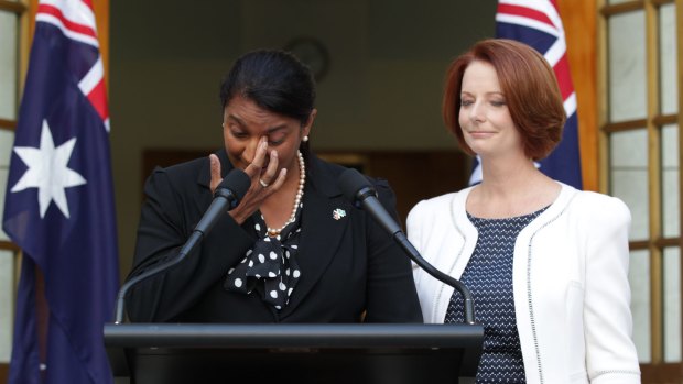 Julia Gillard and Nova Peris speak to the media during a 2013 press conference called to announce the Senate decision.