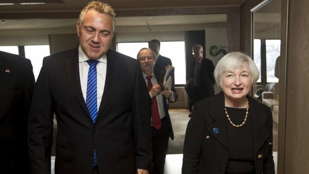 Treasurer Joe Hockey with the US Federal Reserve chief Janet Yellen.