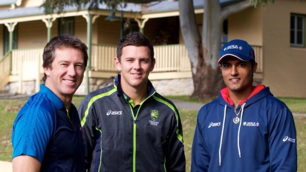 Glenn McGrath with NSW bowlers, Gurinder Sandhu and Josh Hazlewood before a coaching trip to India in June.