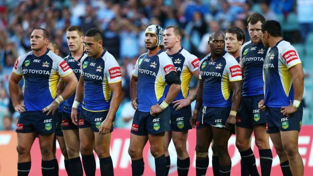 Bad memories: Cowboys players look dejected after a Sharks try during the NRL elimination final in 2013.
