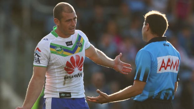Raiders captain Terry Campese wastes a bit of time arguing with a referee.