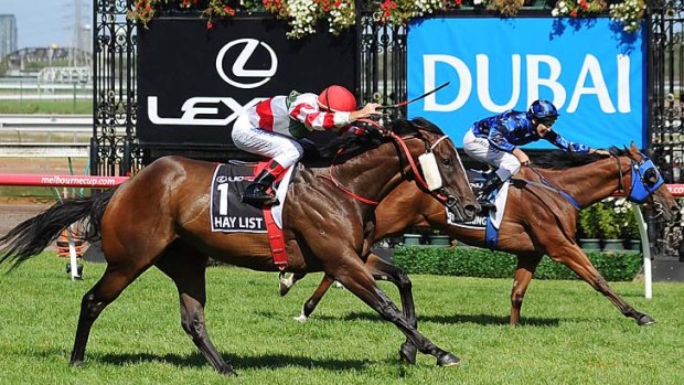 On the up: Hay List (left) lunges for the line to win the Newmarket Handicap over Buffering.