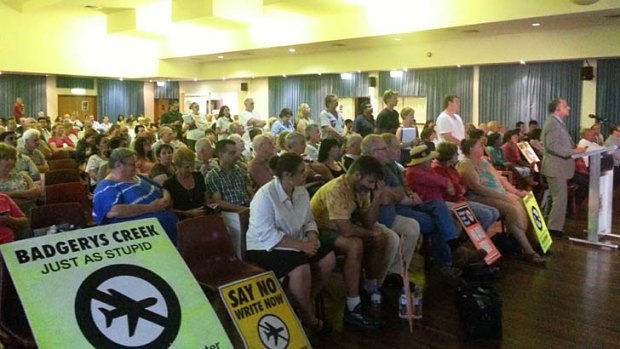 Fiery public meeting: A 300 strong crowd voice their opposition to the Badgerys Creek airport.