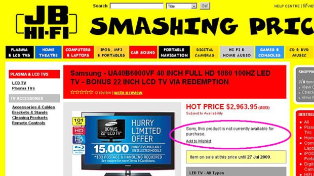 The online JB Hi FI ad which originally advertised the Samsung TV for $15, instead of 15% off.