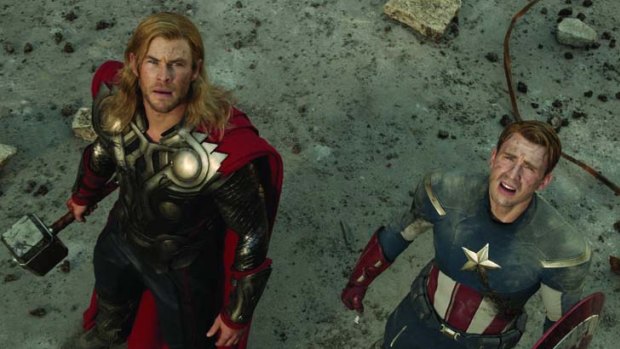 Chris Hemsworth as Thor and Chris Evans as Captain America.
