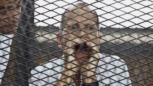 File photo: Australian correspondent of Al-Jazeera Peter Greste appears in a defendant's cage during his trial on terror charges at a Cairo courtroom.