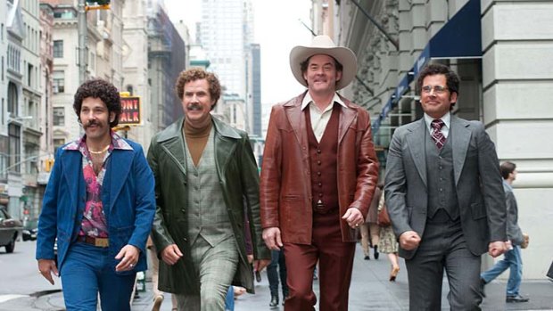 Man's man: Will Ferrell as Ron Burgundy and (top from left) with Paul Rudd, Ferrell, David Koechner and Steve Carrell.