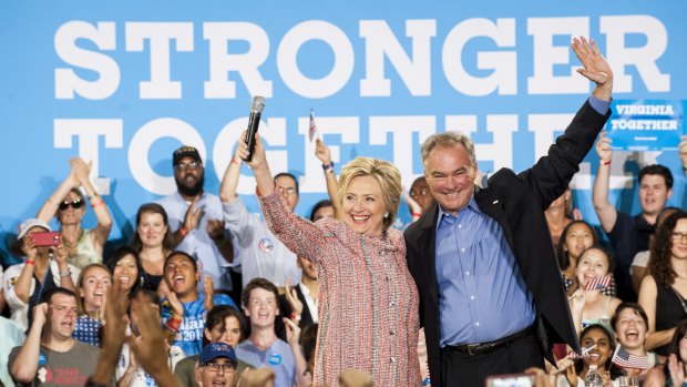 Hillary Clinton, presumptive 2016 Democratic presidential nominee, acknowledges supporters with Senator Tim Kaine, from Virginia, last week.