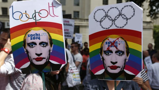 Activists protest against Russia's new law on gays, in central London on Saturday.