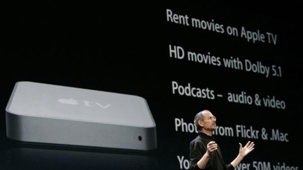 Former Apple chief executive Steve Jobs discussing the first-generation Apple TV at Macworld 2008.